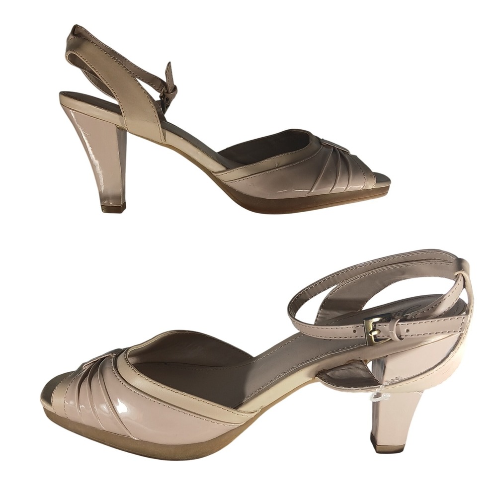 Life Stride Beige Patent Leather Ankle Strap Heels‎ Dress Sandals Size 11M